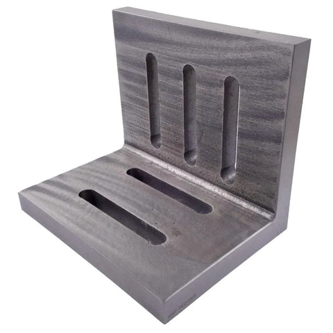 HHIP slotted angle plate, steel, 6 x 5 x 4-1/2 in, opened; angled front-left with vertical back slots and base slots