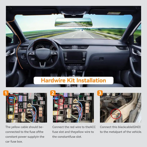 USB C Hardwire Kit For Dash Cams installation guide with fuse panel connections and ground cable attachment in car interior.