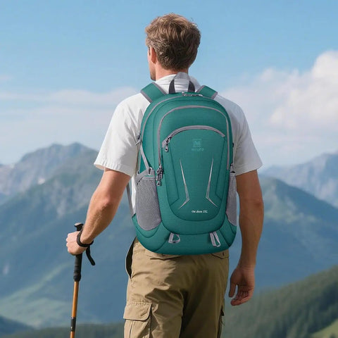 Hiker wearing Ultra Lightweight Packable Backpack For Travel, Camping And Hiking, Waterproof Foldable Daypack For Men And Women, Durable Green