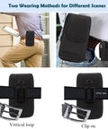 Laser Measure Case Holster With Belt Loop And Magnetic Closure For Bosch GLM100-23 GLM165-40 GLM165-25G MiLESEEY D5-70m DTAPE DT50 Huepar BLM-100G And Other Distance Meters, Durable Pouch With Metal Clip For Safe, Quick Access On The Job Site, black nylon holster shown with vertical loop and clip-on wear methods