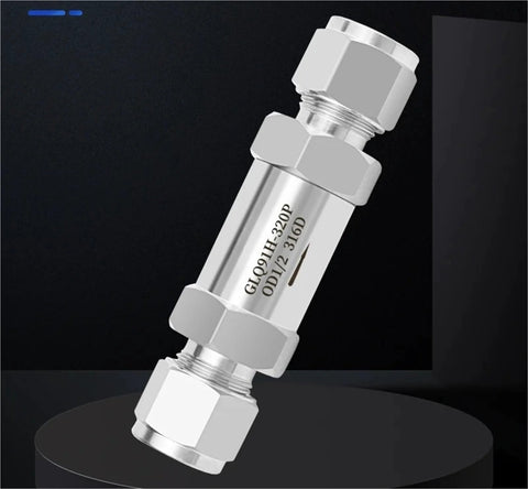 Compression union filter valve, 304 stainless steel with hex-end fittings for 1/8–1 in or 3-32 mm gas tubing (3/4 in).