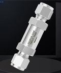 Front view of a 304 stainless steel compression union filter valve with hex end fittings.