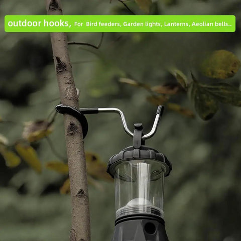 Sturdy Stainless Steel Outdoor Lighting Hooks For Camping Tents And Garden Lights Anti Slip Rubber Grip on branch with lantern.