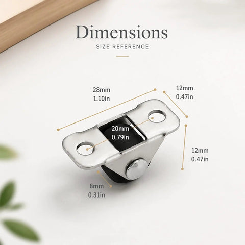 Eight Pack Of One Half Inch Rigid Caster Wheels With Compact Low Profile Design For Smooth Rolling On Desks And Furniture Includes Premium Hardware Pieces dimensions illustration showing sizes and measurements of the wheels.