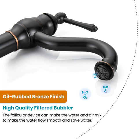 Single Handle Vessel Sink Faucet 360 Degree Swivel One Hole Farmhouse Lavatory Vanity Mixer Tap With Pop Up Drain Oil Rubbed Bronze Built Tough Solid Brass Build Fingerprint Resistant Finish Easy Clean detail view with bubbler