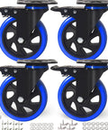 Set of 4 heavy duty 5 inch caster wheels with dual locking brakes and hardware kits, showing polyurethane foam wheels and premium steel construction.