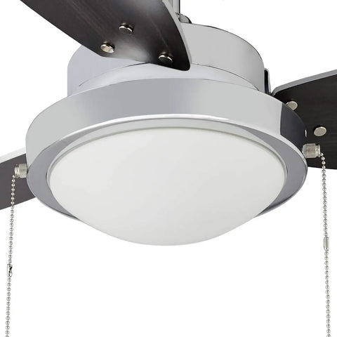 Close-up of 30 Inch Indoor Ceiling Fan With Dimmable Integrated LED Light Kit And Reversible Blades In Chrome Finish