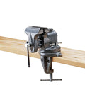 Beefy Clamp On Vise With 3 Inch Jaw Width And Two And A Half Inch Opening Cast Iron Build Built In Pipe Jaws clamped on wooden table