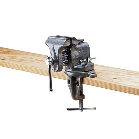 Beefy Clamp On Vise With 3 Inch Jaw Width And Two And A Half Inch Opening Cast Iron Build Built In Pipe Jaws clamped on wooden table