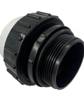 Black 2-inch MIP x 2-inch PVC hi-temp pool pump union with threaded ends, close-up view