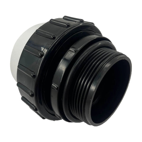 Black 2-inch MIP x 2-inch PVC hi-temp pool pump union with threaded ends, close-up view