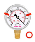 Glycerin Filled Vacuum Pressure Gauge That Holds Up With A Two And A Half Inch Dial Stainless Steel Case Red Range Mark For Safe Operation Minus Thirty In Hg To Zero For Vacuum Pumps Tanks And Systems With One Quarter Inch NPT Lower Mount Built For front view with 2.5-inch dial and brass lower mount
