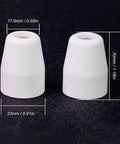 Two white ceramic cups measuring 30mm and 23mm for 110 Piece Plasma Cutter Consumables Set With Ceramic Cups Electrodes Nozzles And Gas Rings For Cut40 50 Plasmatorch Parts High Durability.