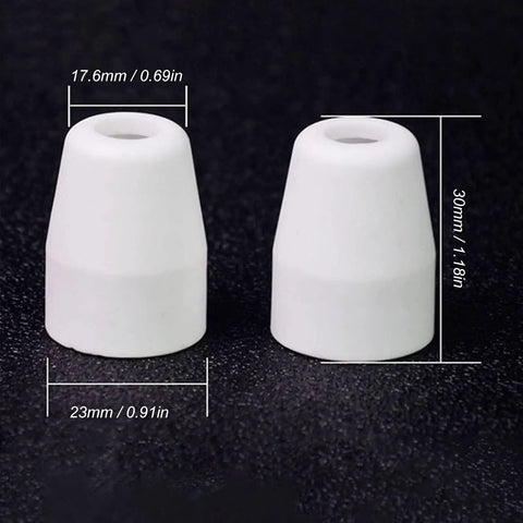 Two white ceramic cups measuring 30mm and 23mm for 110 Piece Plasma Cutter Consumables Set With Ceramic Cups Electrodes Nozzles And Gas Rings For Cut40 50 Plasmatorch Parts High Durability.