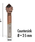 Heavy Duty 90 Degree Countersink Drill Bit Machined From M35 Cobalt High Speed Steel Featuring A Sturdy 6 Millimeter Shank Engineered For Stainless Steel And Hard Metals That Cuts Slick And Delivers Knockout Results, 2-5mm sink depth, 45mm length.