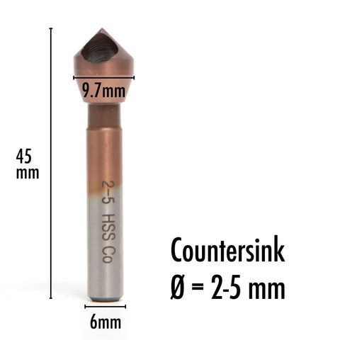 Heavy Duty 90 Degree Countersink Drill Bit Machined From M35 Cobalt High Speed Steel Featuring A Sturdy 6 Millimeter Shank Engineered For Stainless Steel And Hard Metals That Cuts Slick And Delivers Knockout Results, 2-5mm sink depth, 45mm length.