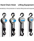 Hella Tough Hand Chain Hoist 2 Ton 4400 Pounds Capacity 19 Foot Lift Height G80 Alloy Chain dual swivel hooks displayed.