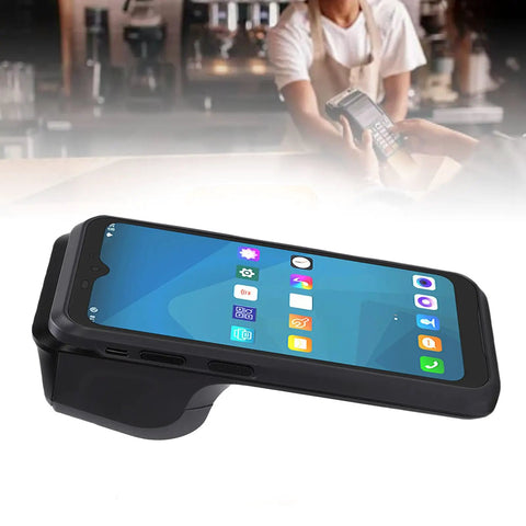 High Speed Mobile Pos Receipt Printer With 6.2 Inch Touch Screen 58mm Thermal Printer Built In Battery angled view on a counter.