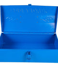 Heavy Duty Blue Metal Toolbox For Mechanics Portable Storage Case With Slick Organizer Layout Tough As Nails Build opened view