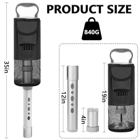 Golf Ball Shag Bag With Detachable Aluminum Tube Holds Up To 70 Balls, 35in size, featuring a 12in and 4in tube detail, 840g weight.