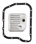 Drop-In Transmission Filter Kit For 14-Bolt RE Auto Transmissions, Includes Internal Pan Filter, Outer Perimeter Seal Gasket, And All-In-One Maintenance Components For Jeep And Dodge Compatibility, silver metal filter and black gasket