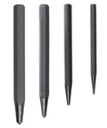 Center Punch Kit Four Piece Set For Metal Marking Built Tough From Hardened Steel shown in various tip sizes for precise marking