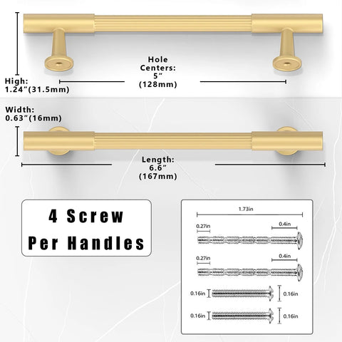 Dimensions of 10 Pack Brushed Gold Cabinet Pulls 5 Inch 128mm Solid Heavy Duty Zinc Alloy Drawer Handles with screws layout.