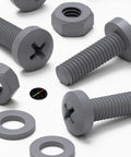 Top Shelf M6 X 20 Millimeter Polypropylene Cross Pan Head Bolts Kit With Corrosion Resistant Nuts And Washers For Straight Up DIY Fixes And Heavy Duty Assembly Work In Slick Dark Gray, showing gray polypropylene bolts and nuts.