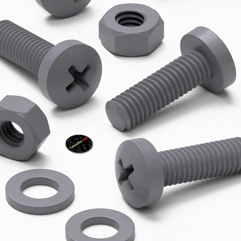 Top Shelf M6 X 20 Millimeter Polypropylene Cross Pan Head Bolts Kit With Corrosion Resistant Nuts And Washers For Straight Up DIY Fixes And Heavy Duty Assembly Work In Slick Dark Gray, showing gray polypropylene bolts and nuts.