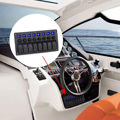 Universal 8 Gang LED Rocker Switch Panel For Boats And Trailers 12V/24V Waterproof On Off installed on boat dashboard