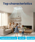 Family in a living room with No Fuss Easy Fit 14x14 Aluminum 4 Way Vent Cover With Adjustable Curved Blade Dampers on ceiling