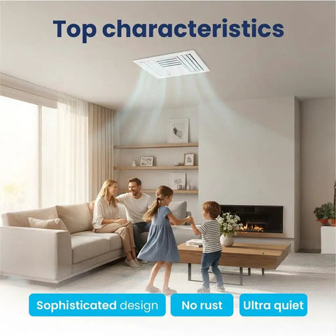 Family in a living room with No Fuss Easy Fit 14x14 Aluminum 4 Way Vent Cover With Adjustable Curved Blade Dampers on ceiling