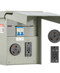 Slick Green Temporary Power Outlet Panel For Rv Rigs With 20 And 30 Amp Electrical Box with two outlets and breaker switches.