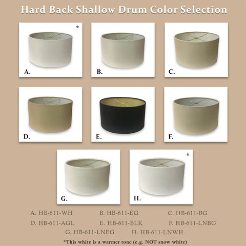 Hard back shallow drum color selection with eight color options including "Shallow Oval Hardback Lamp Shade Top 12 By 8 Inches Bottom 14 By 10.5 Inches Height 8.5 Inches Black Silk Type Exterior With Premium Gold Lining V Notch Fitter For 6 And 8 Inch Reflector Bowls"