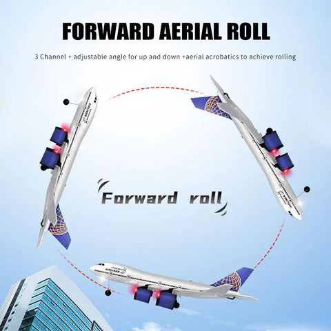 RC Airplane A380 Four Motor Two Point Four G Remote Control Plane with LED Lights performing aerial roll maneuver.