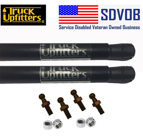No Fuss 12 Inch Gas Strut Lift Kit For Camper Shells With Slick 24 Pound Force And Easy Grip Ball Mounts Compatible With Leer Snugtop Truck Caps Heavy Duty Pair with mounting hardware.