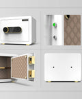 0.77 Cu Ft Digital Steel Home Safe With LED Keypad, Alarm, Fireproof Lockbox, showing interior and detail views of tamper-resistant construction.