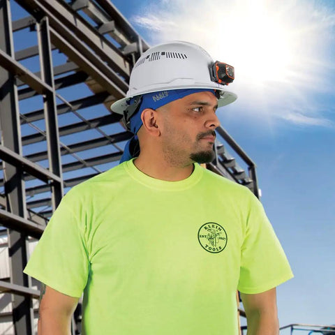 Worker wearing Cooling Bandana Sweat Wicking Skull Cap For Under Helmet Adjustable 2-Pack With Elastic Band outdoors