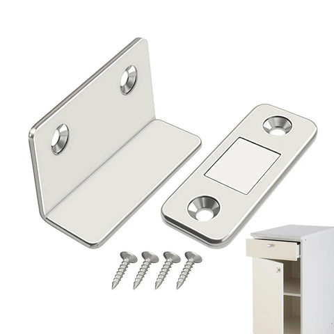 Ultra Thin Magnetic Door Catch 2 Pack No Drill Self Adhesive Invisible Cabinet Latch for doors and drawers with screws and cabinet view