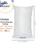 Odorless PVC Heat Shrink Wrap Bags 8x12 Inches, 100 Gauge, 100 Pack For Fast Packaging, Clear bag with open side and size labels