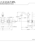 Heritage Wall Mount Bathroom Faucet In Polished Chrome With 8 Inch Center 3 Hole Installation technical drawing diagram