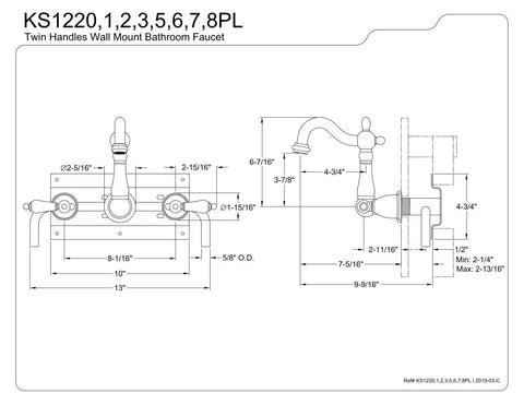 Heritage Wall Mount Bathroom Faucet In Polished Chrome With 8 Inch Center 3 Hole Installation technical drawing diagram