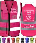 Top Shelf Custom Class 2 Safety Vest With Full Zipper And Deep Pockets High Visibility Reflective Workwear For Crews Volunteers Runners And Crossing Guards Fresh Pink Design shown in front and back views with pockets.