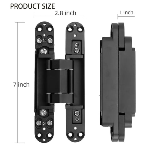 Hidden Door Hinges 2-Pack 7 Inch Black Heavy Duty Concealed Zinc Alloy Invisible Hinges With 180 Degree Swing 3-Way Adjustable Butt Hinge