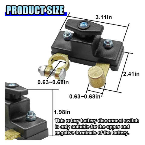 Heavy Duty Battery Disconnect Switch 12V 24V size dimensions with rotary design, brass and plastic materials, ideal for battery terminals.