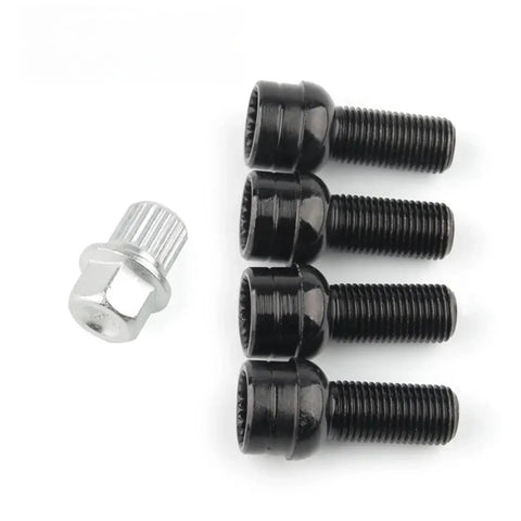 Stylish Black Alloy Lug Nuts For Audi A3 A4 A5 That Look Sick And Secure Wheels With 14x1.5 Specs Includes Key For Theft Protection And Heavy Duty Corrosion Resistance You Will Love The Ride. Black alloy lug nuts, 14x1.5, with key and four bolts