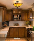 14 Inch Tiffany Style Stained Glass Mission Flush Mount Ceiling Light 2 Light Antique Lamp in kitchen setting