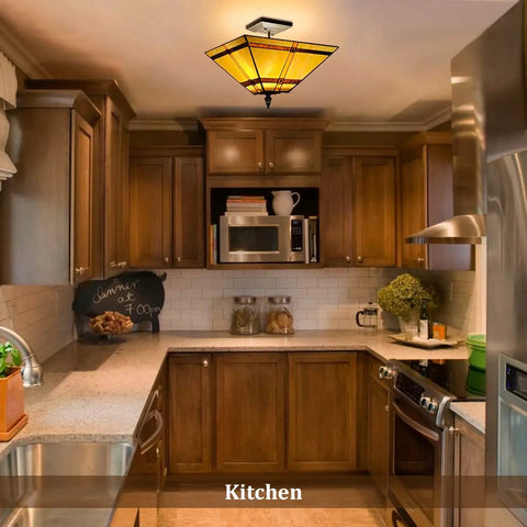 14 Inch Tiffany Style Stained Glass Mission Flush Mount Ceiling Light 2 Light Antique Lamp in kitchen setting