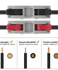 Close-up of 60 Piece Push In Lever Wire Nuts 1 In 1 Out Electrical Splice Connectors with black and red slots for wiring.