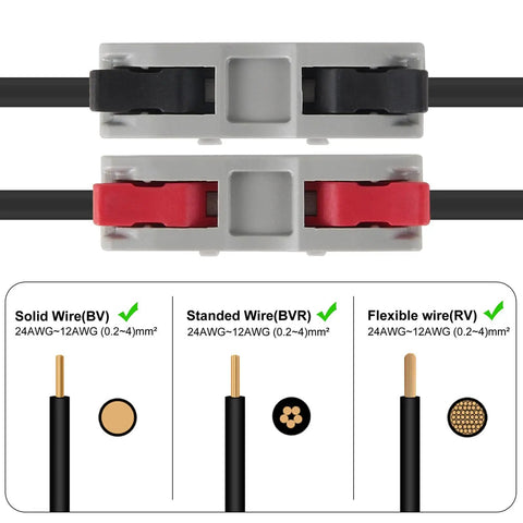 Close-up of 60 Piece Push In Lever Wire Nuts 1 In 1 Out Electrical Splice Connectors with black and red slots for wiring.